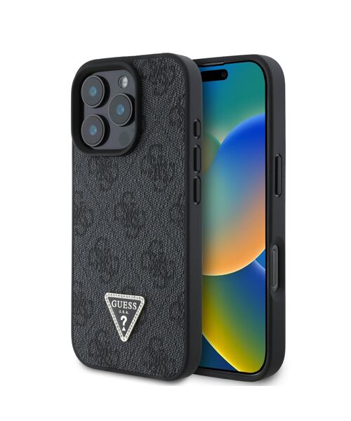 Guess PU 4G Strass Triangle Metal Logo Zadní Kryt pro iPhone 16 Pro Max Black