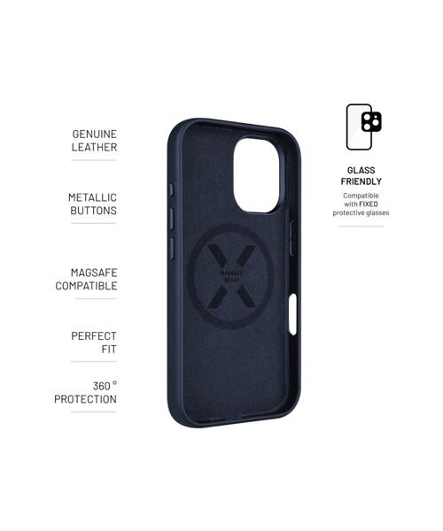 Kožený zadní kryt FIXED MagLeather s podporou MagSafe pro Apple iPhone 16, modrý