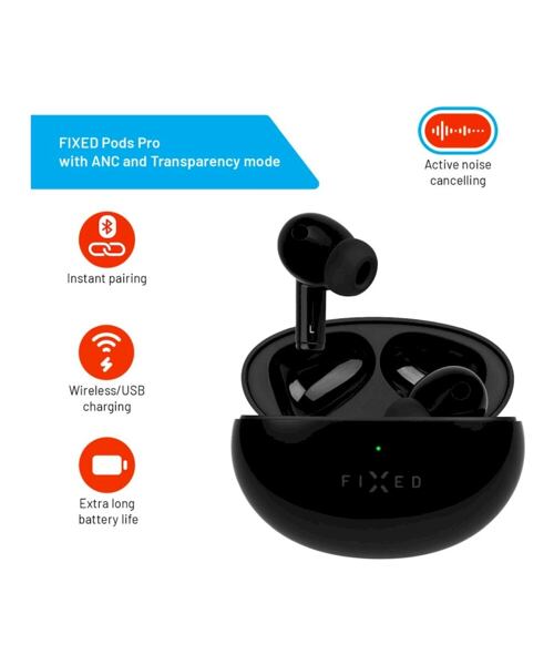 Bezdrátová TWS sluchátka FIXED Pods Pro s ANC a bezdrátovým nabíjením, černá