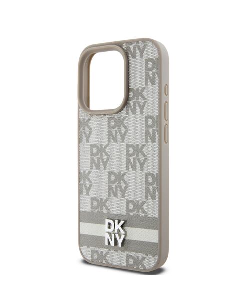 DKNY PU Leather Checkered Pattern and Stripe Zadní Kryt pro iPhone 15 Pro Beige