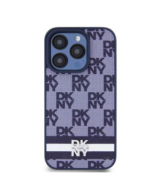 DKNY PU Leather Checkered Pattern and Stripe Zadní Kryt pro iPhone 15 Pro Max Blue