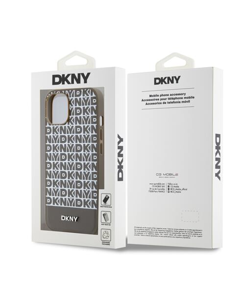 DKNY PU Leather Repeat Pattern Bottom Stripe MagSafe Zadní Kryt pro iPhone 15 Brown