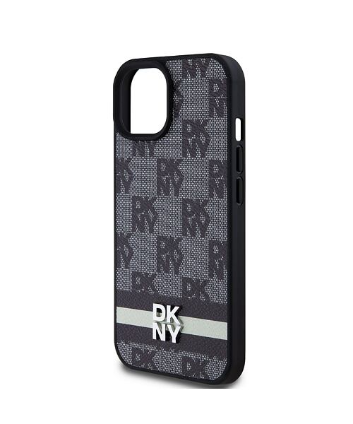 DKNY PU Leather Checkered Pattern and Stripe Zadní Kryt pro iPhone 15 Black