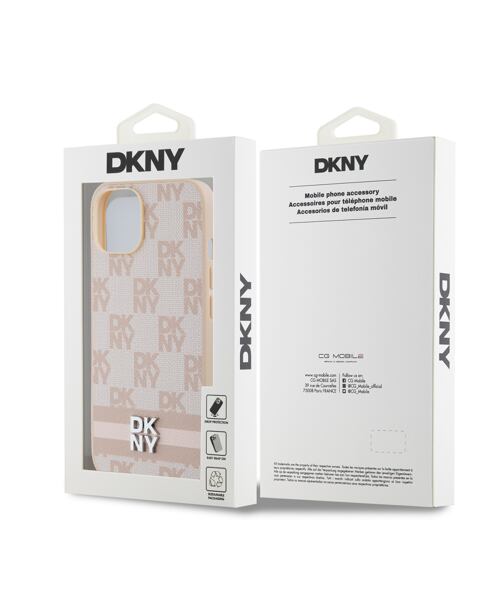 DKNY PU Leather Checkered Pattern and Stripe Zadní Kryt pro iPhone 15 Pink