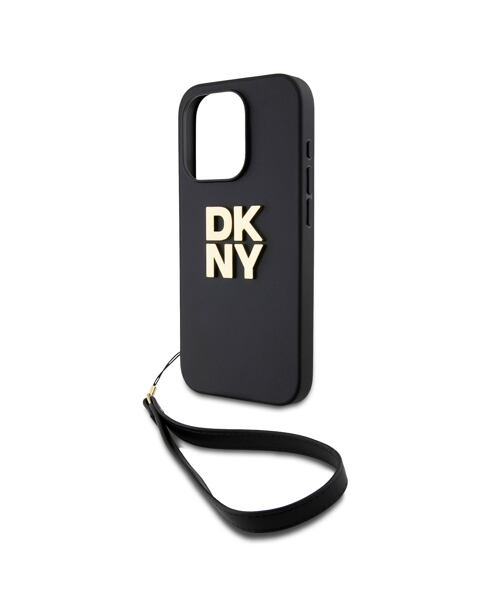 DKNY PU Leather Stack Logo Wrist Strap Zadní Kryt pro iPhone 15 Pro Black