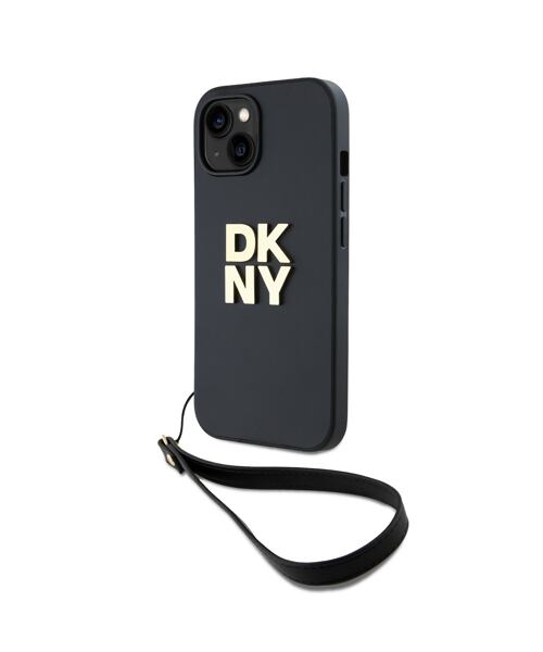 DKNY PU Leather Stack Logo Wrist Strap Zadní Kryt pro iPhone 13 Black