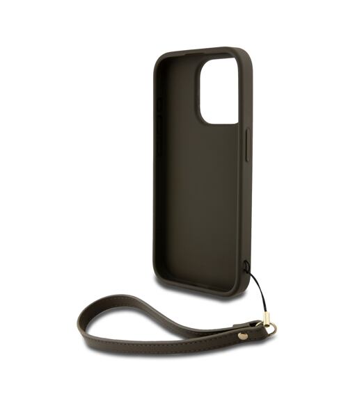 DKNY PU Leather Stack Logo Wrist Strap Zadní Kryt pro iPhone 14 Pro Brown