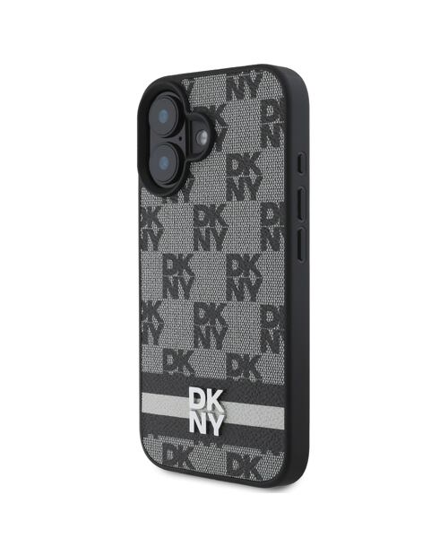 DKNY PU Leather Checkered Pattern and Stripe Zadní Kryt pro iPhone 16 Black