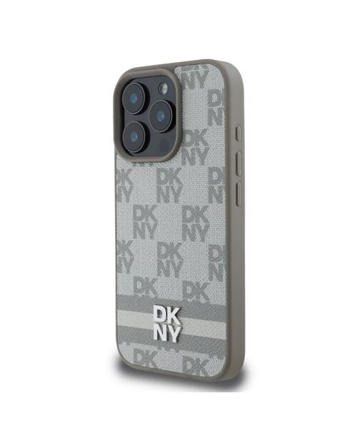 DKNY PU Leather Checkered Pattern and Stripe Zadní Kryt pro iPhone 16 Pro Max Beige