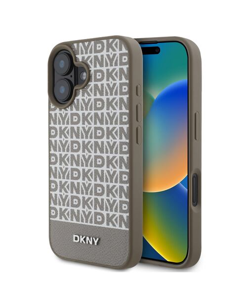 DKNY PU Leather Repeat Pattern Bottom Stripe MagSafe Zadní Kryt pro iPhone 16 Brown