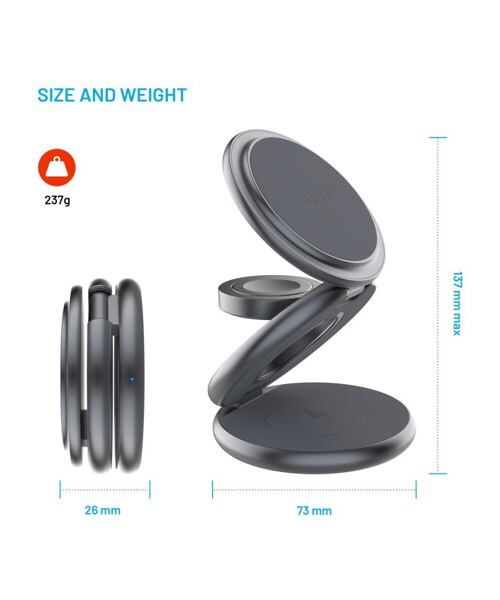 Bezdrátová skládací nabíječka 3v1 FIXED MagPowerstation Round s podporou MagSafe, 15W+5W+5W, šedá