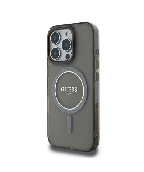 Guess IML Glitter Ring MagSafe Zadní Kryt pro iPhone 16 Pro Black