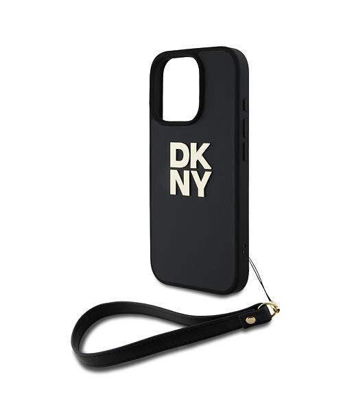DKNY PU Leather Stack Logo Wrist Strap Zadní Kryt pro iPhone 16 Pro Max Black