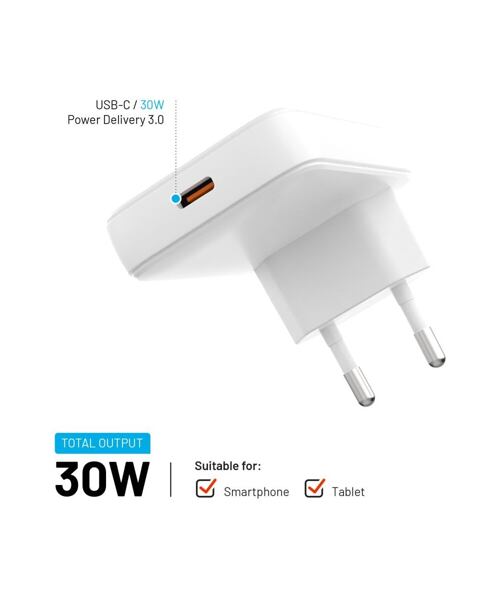 Síťová GaN nabíječka FIXED Slim s USB-C výstupem a podporou PD, 30W, bílá