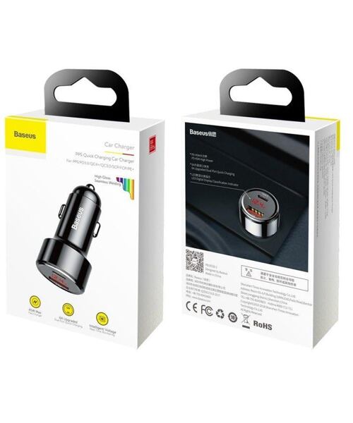 Baseus nabíječka do auta Magic USB-C PD, USB-A 45W s displejem černá