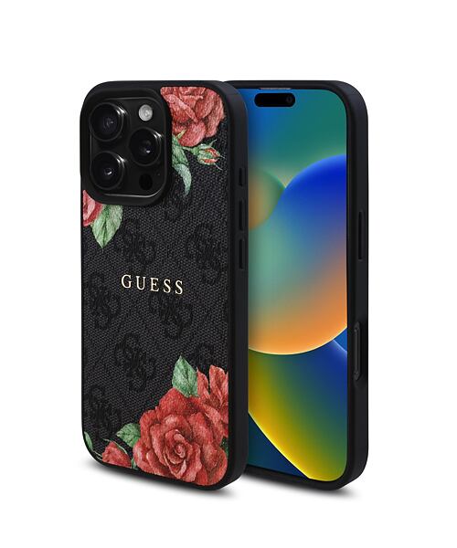 Guess PU Leather 4G Roses MagSafe Zadní Kryt pro iPhone 16 Pro Black
