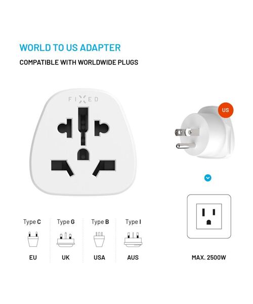 Adaptér FIXED USA Adapter pro zapojení EU, UK, AUS zařízení do USA zásuvek, bílý