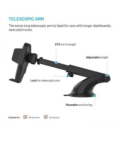 Univerzální držák do auta FIXED Iconiq XXL s dlouhou přísavkou na sklo nebo na palubní desku, černý