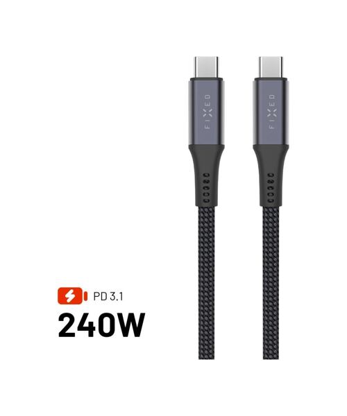 Dlouhý nabíjecí a datový opletený kabel FIXED s konektory USB-C/USB-C, PD 3.1, 2 m, USB4gen2 20Gbps,