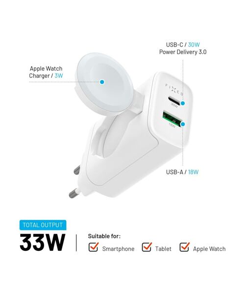 Síťová nabíječka FIXED Power Socket s USB-A a USB-C výstupem a vyklápěcí nabíječkou pro Apple Watch,