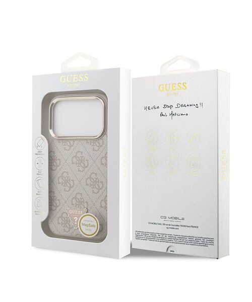 Guess PU Leather 4G Strass Triangle Logo Gold Frame MagSafe Zadní Kryt pro iPhone 17 Pro Pink
