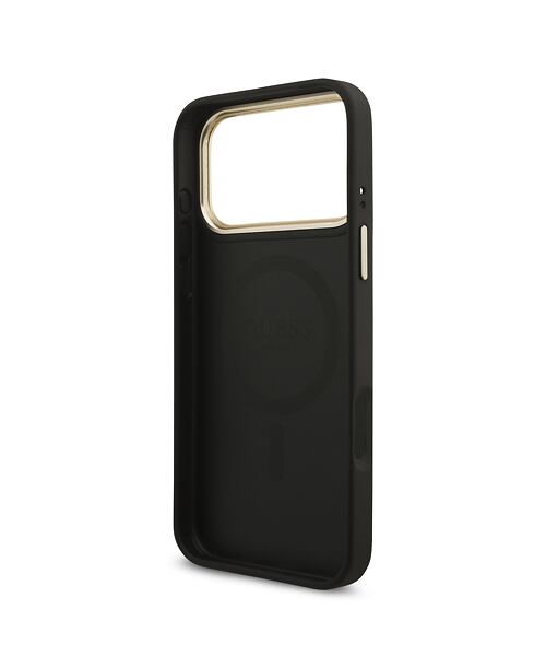 Guess PU Leather 4G Strass Triangle Logo Gold Frame MagSafe Zadní Kryt pro iPhone 17 Pro Max Black