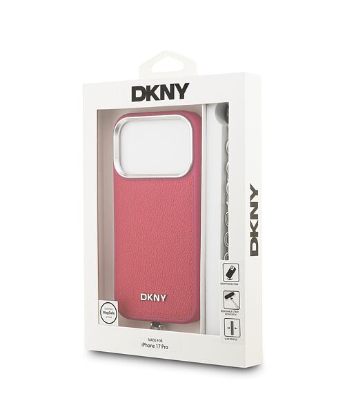 DKNY PU Leather Metal Logo Wrist Chain MagSafe Zadní Kryt pro iPhone 17 Pro Pink