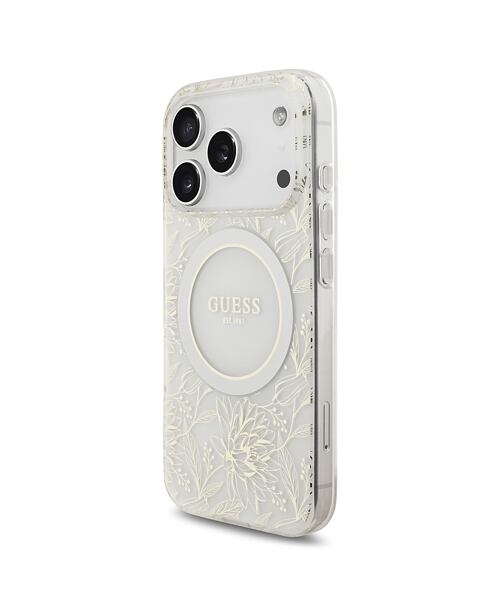 Guess IML Flowers Allover Strap MagSafe Zadní Kryt pro iPhone 17 Pro White